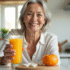 Femme senior souriante dans la cuisine avec jus orange et vitamine B12