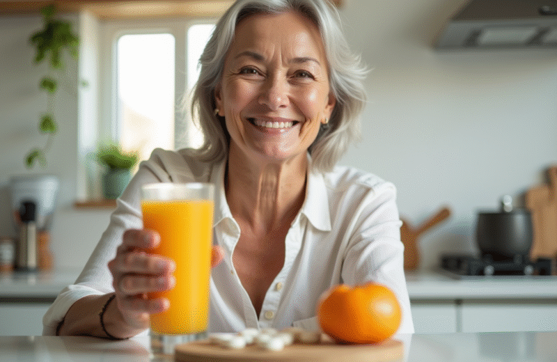 Femme senior souriante dans la cuisine avec jus orange et vitamine B12