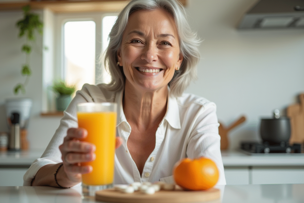 Femme senior souriante dans la cuisine avec jus orange et vitamine B12