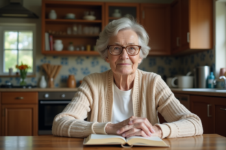 Femme âgée lisant un livre dans une ambiance chaleureuse