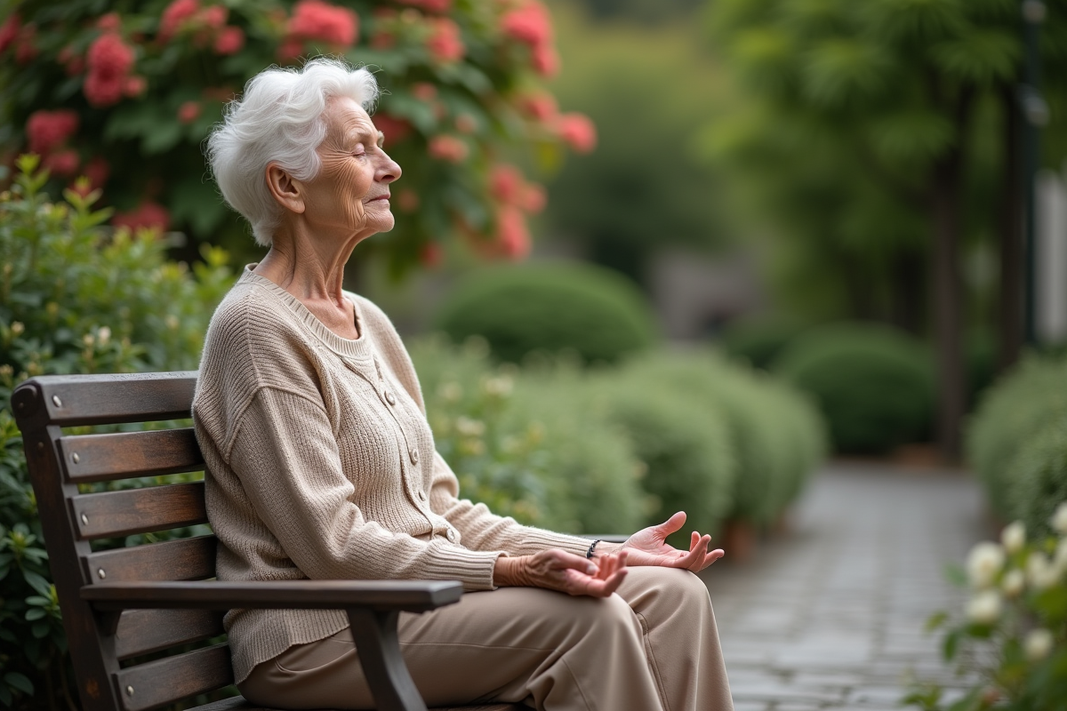 Femme senior méditant dans un jardin paisible