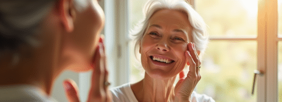 Femme senior appliquant une creme visage lumineuse