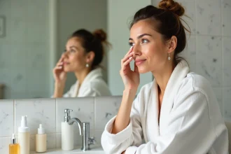 Femme appliquant une crème Alviona sur son visage devant un miroir de salle de bain, gros plan sur le soin de la peau