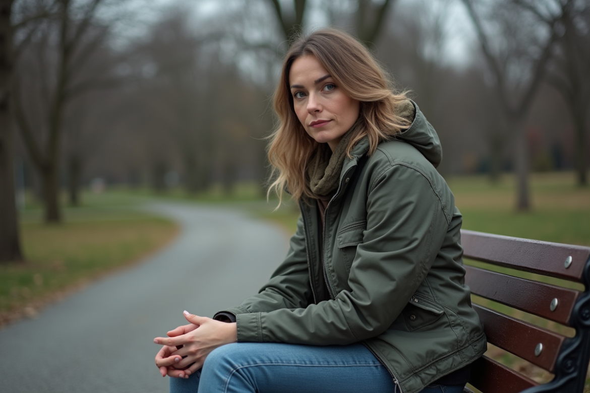 Femme assise seule sur un banc de parc mélancolique