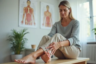 Femme en rétablissement d'une épine calcanéenne appuyant doucement sur son talon dans un cabinet de kinésithérapie