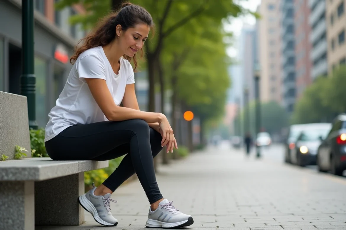 Femme en leggings se reposant sur un banc urbain