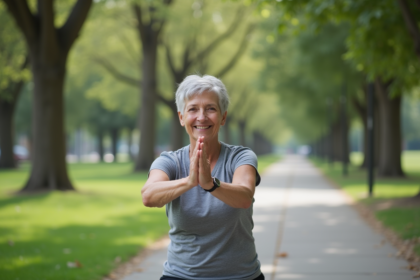 Femme active de soixante ans faisant des étirements dans un parc