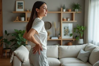 Femme en sportwear dans un salon moderne en réflexion
