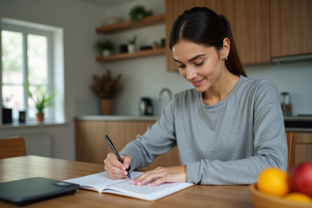 Femme en sport notant ses mesures dans un journal à la maison
