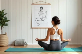 Femme en tenue de yoga étudiant un tableau des postures yoga affiché sur un mur en bois dans un studio minimaliste