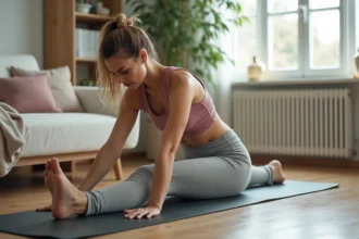 Femme d'âge moyen faisant du yoga dans un salon lumineux