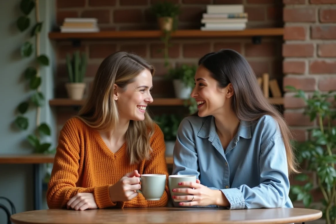 Deux femmes partageant un moment de conversation bienveillante autour d'un café dans un espace wellness chaleureux, évoquant le bien-être mental et la connexion humaine