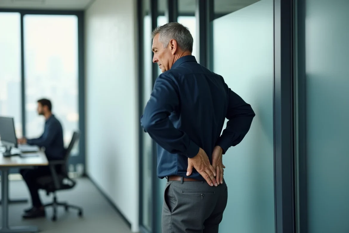 Homme en costume debout dans un bureau moderne appuyant ses mains sur le bas du dos en raison d'une douleur fessière persistante
