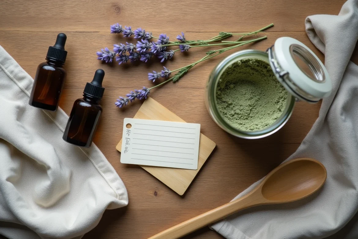Flatlay argile verte en poudre et huiles essentielles sur bois avec spatule et fiche recette