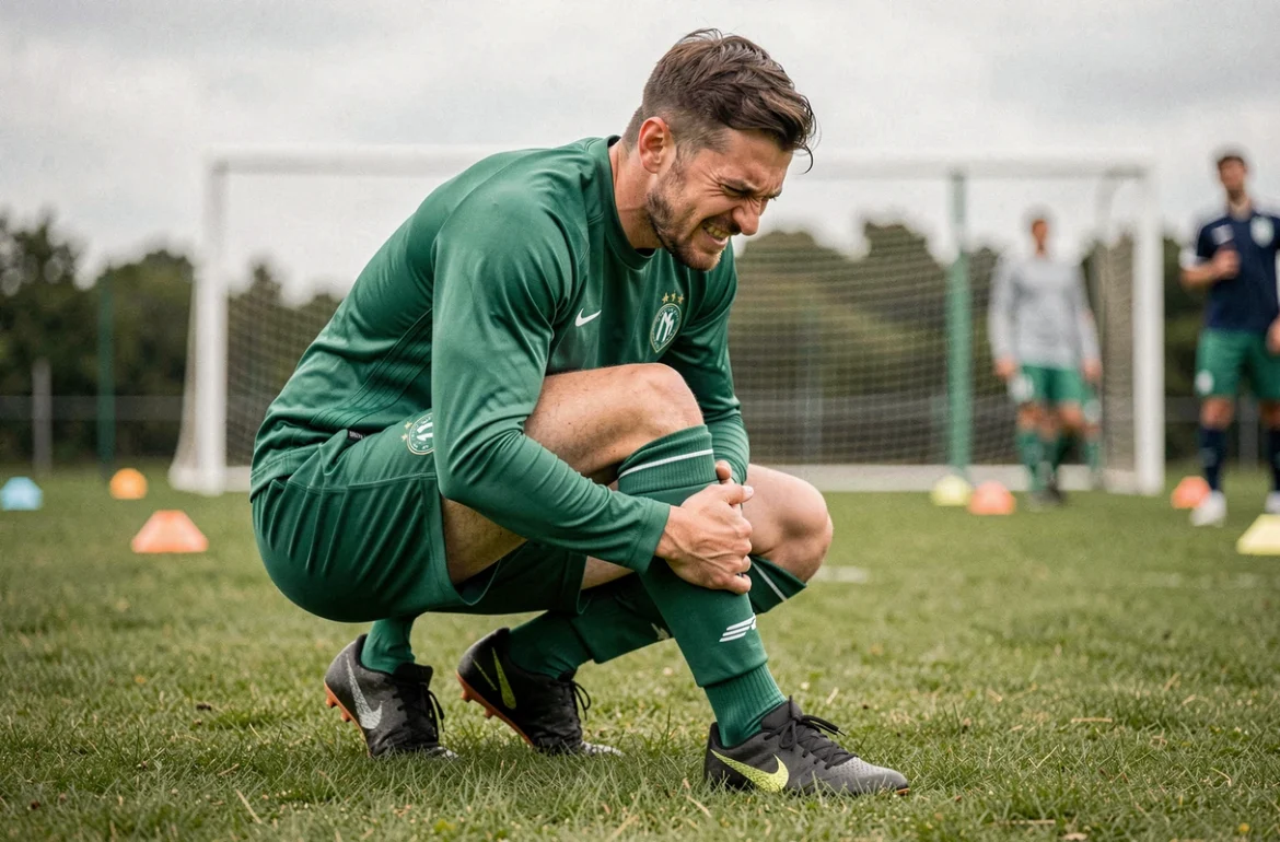 Footballeur tenant son genou douloureux à la patte d'oie pendant un entraînement sur terrain en herbe naturelle