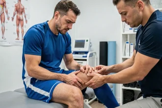Footballeur examiné par un kinésithérapeute pour une douleur à la patte d'oie du genou en cabinet de sport