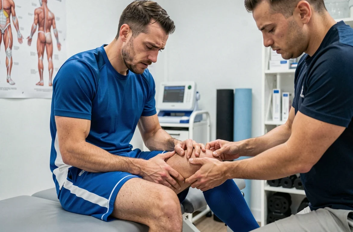 Footballeur examiné par un kinésithérapeute pour une douleur à la patte d'oie du genou en cabinet de sport