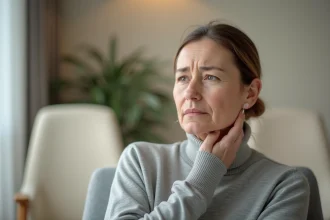 Femme touchant un ganglion douloureux côté gauche du cou près de la mâchoire en salle d'attente médicale