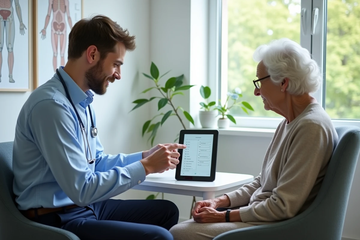 Jeune médecin montrant un planning à un patient âgé