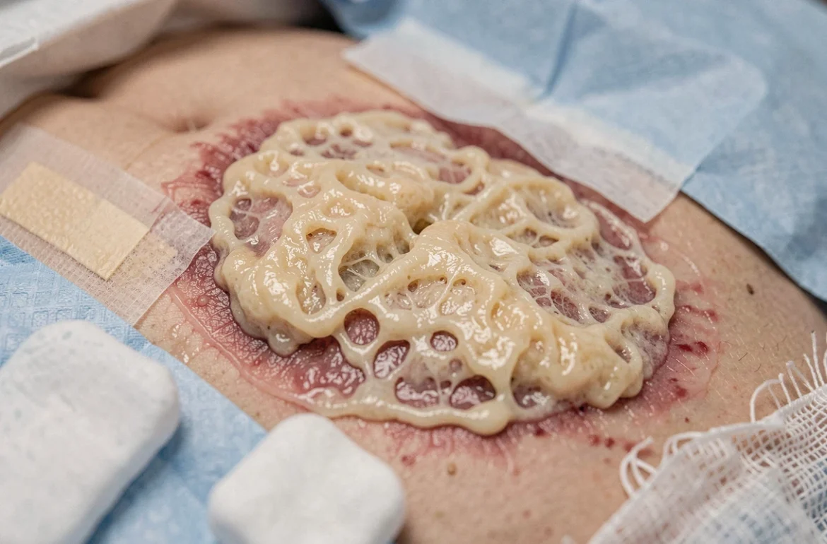 Gros plan clinique d'une plaie chirurgicale abdominale avec dépôt de fibrine et exsudat pendant un pansement infirmier