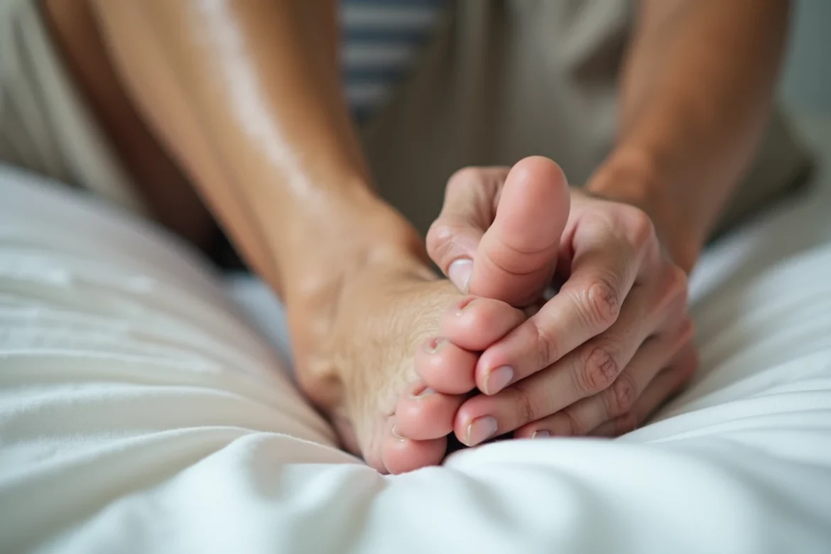 Gros plan sur un mollet de personne âgée avec veines apparentes et main pressant le muscle, illustrant les problèmes de circulation sanguine et les crampes nocturnes
