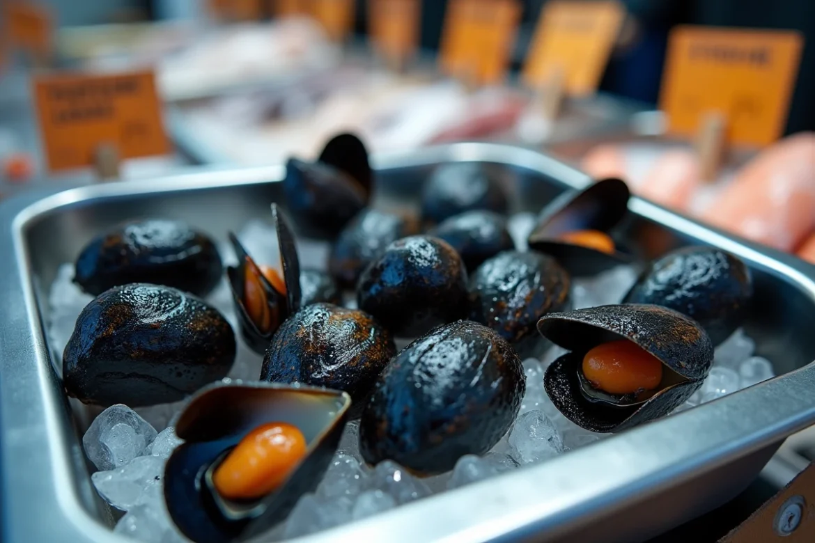 Gros plan de moules fraîches sur glace chez le poissonnier, mettant en valeur leur richesse en iode bénéfique pour la thyroïde