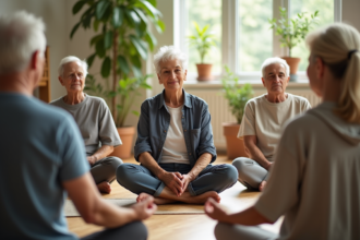 Groupe de seniors méditant dans un centre lumineux