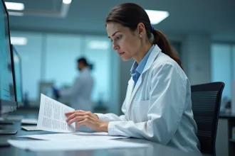 Hématologue examinant des résultats d'analyse sanguine montrant des leucocytes élevés dans un laboratoire médical moderne