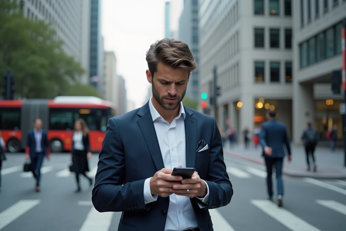 Jeune homme en costume vérifiant une alerte santé en ville
