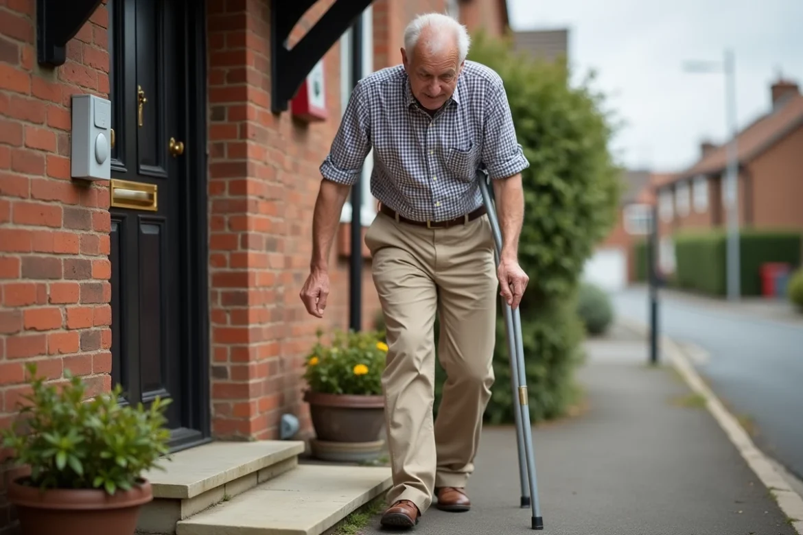 Homme âgé utilisant une béquille coude pour monter une marche devant son domicile, illustrant la technique de marche recommandée par le kiné en environnement extérieur