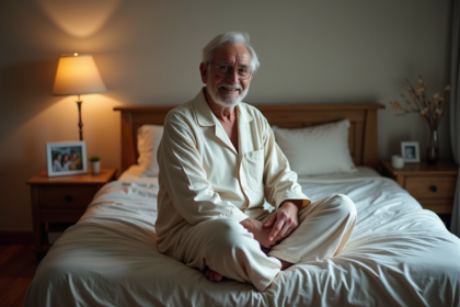 Homme âgé en pyjama se préparant au sommeil dans sa chambre