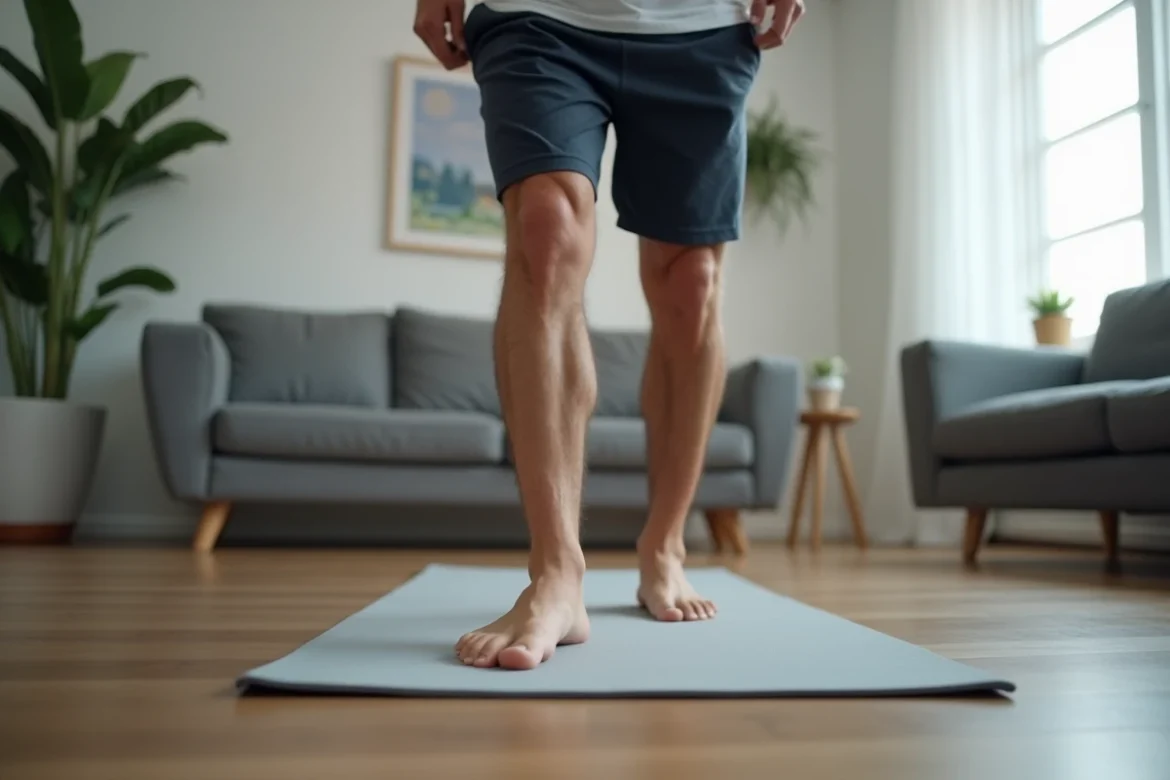 Homme testant l'appui de son talon sur un tapis de yoga chez lui après traitement d'une épine calcanéenne