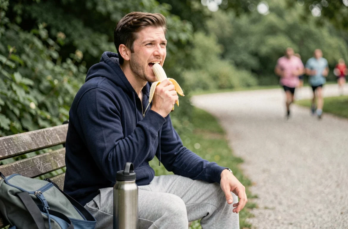 Homme mangeant une banane sur un banc de parc après une séance de sport en plein air