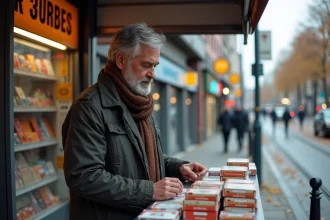 Homme belge comparant prix de cigarettes devant un kiosque