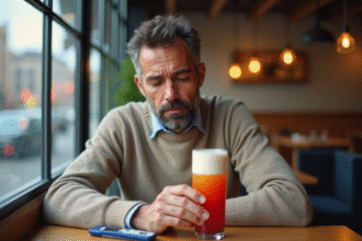 Homme d'âge moyen buvant une boisson colorée au café