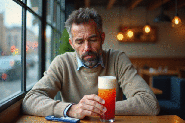 Homme d'âge moyen buvant une boisson colorée au café
