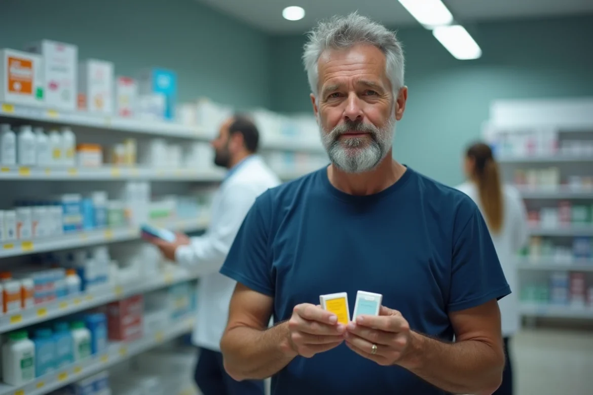 Homme senior comparant deux boîtes de médicaments analgésiques dans une pharmacie avec des rayonnages en arrière-plan