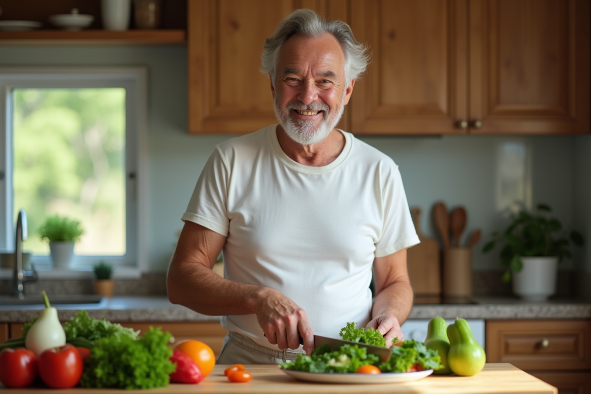 Homme âgé préparant une salade dans une cuisine lumineuse