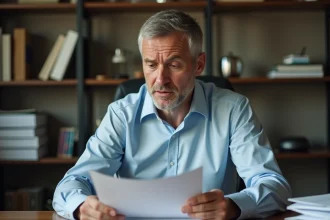 Homme d'âge mûr consultant des documents d'assurance pour une rente discopathie à son bureau à domicile
