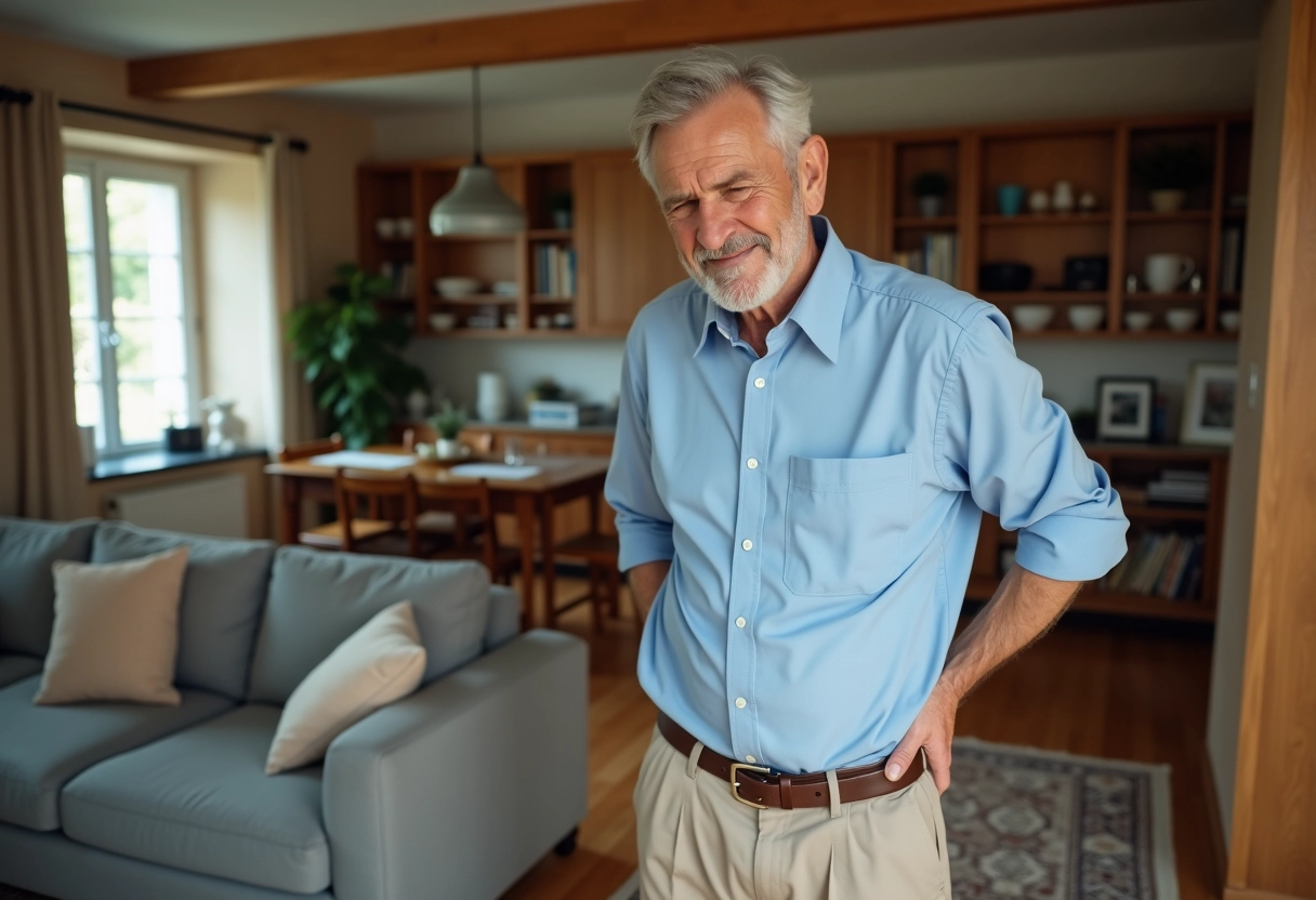 Homme âgé se tenant le dos dans un salon chaleureux