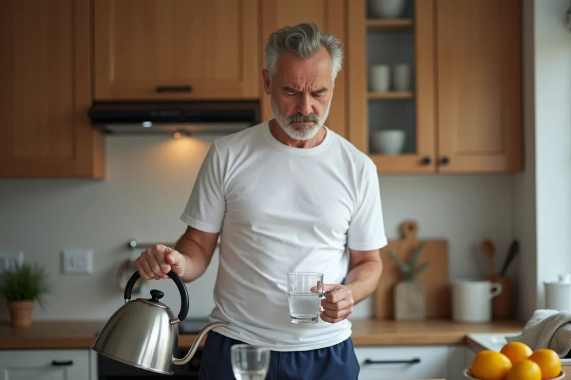 Homme versant de l'eau chaude dans un verre à la cuisine pour favoriser le transit intestinal et soulager la constipation