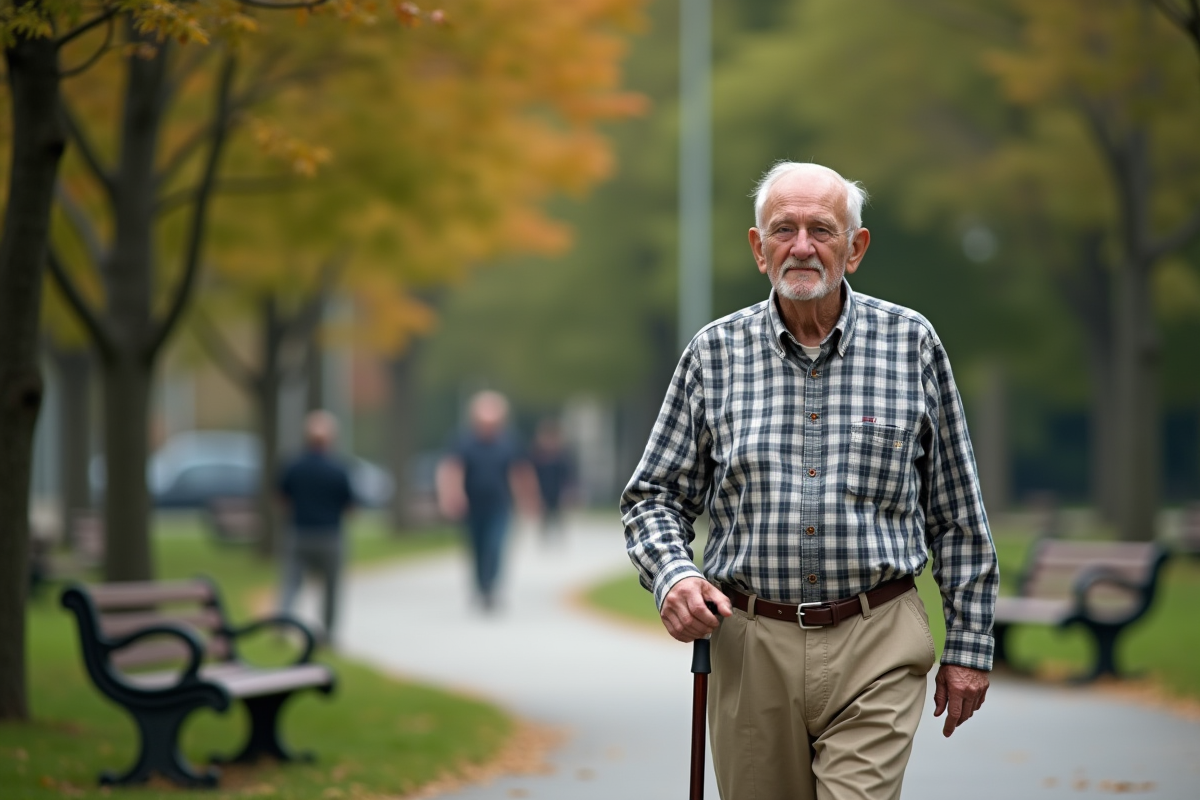 Homme âgé marchant dans un parc urbain en été