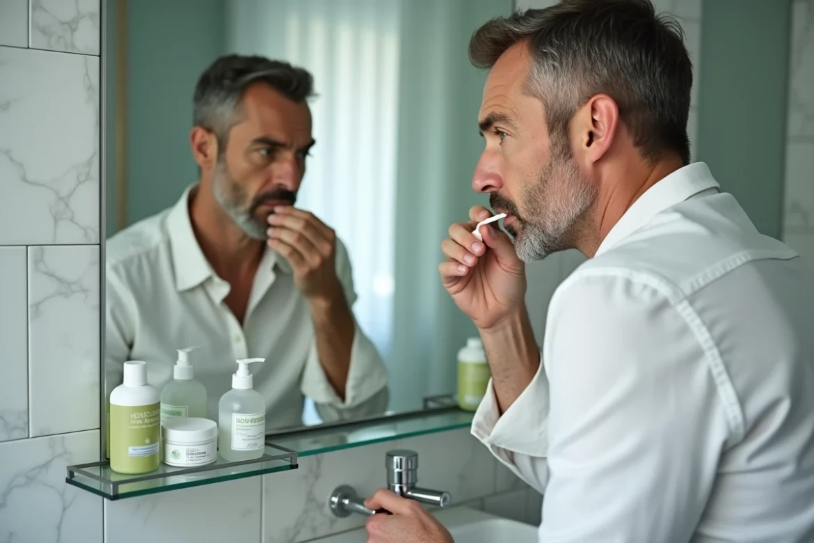 Homme examinant son palais dans un miroir de salle de bain avec des remèdes naturels posés sur le comptoir