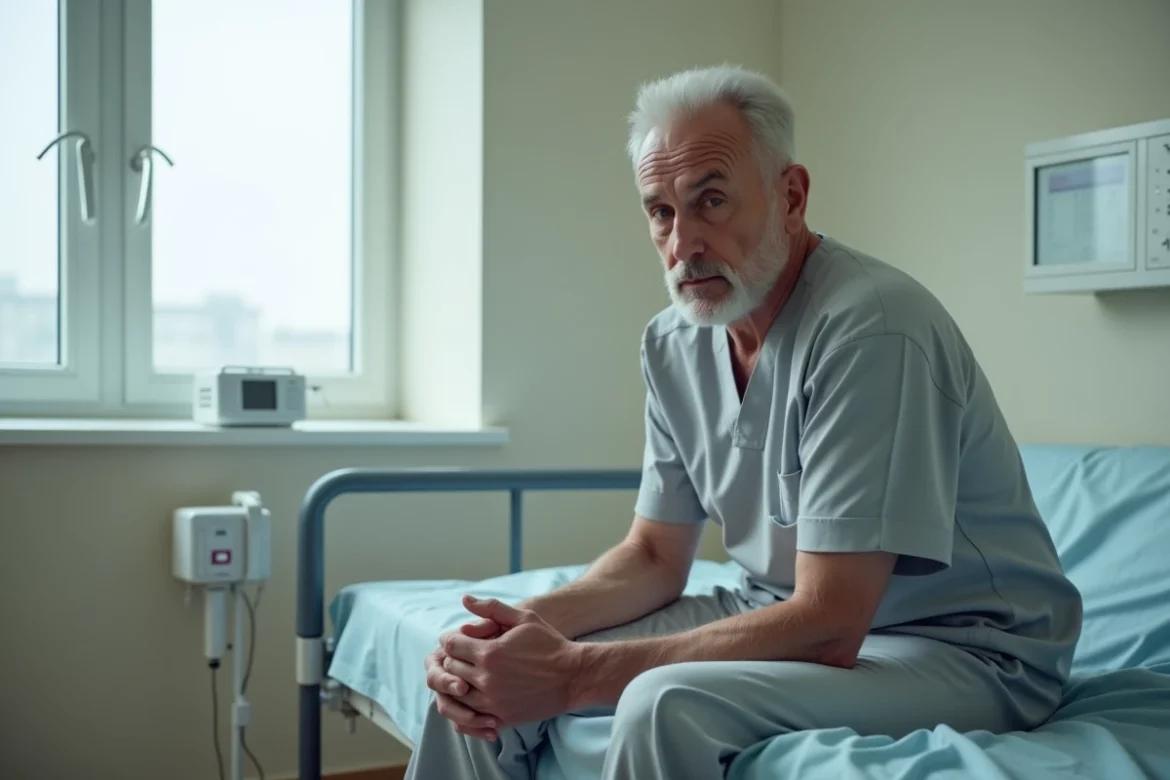 Homme fatigué assis sur un lit d'hôpital après une anesthésie générale, expression confuse et épuisée dans une chambre de réveil