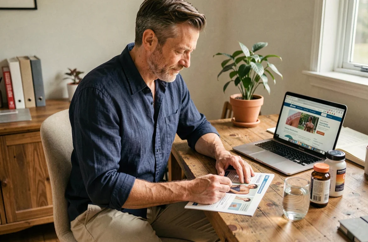 Homme consultant un guide de bien-être et un supplément Lumilean à son bureau à domicile
