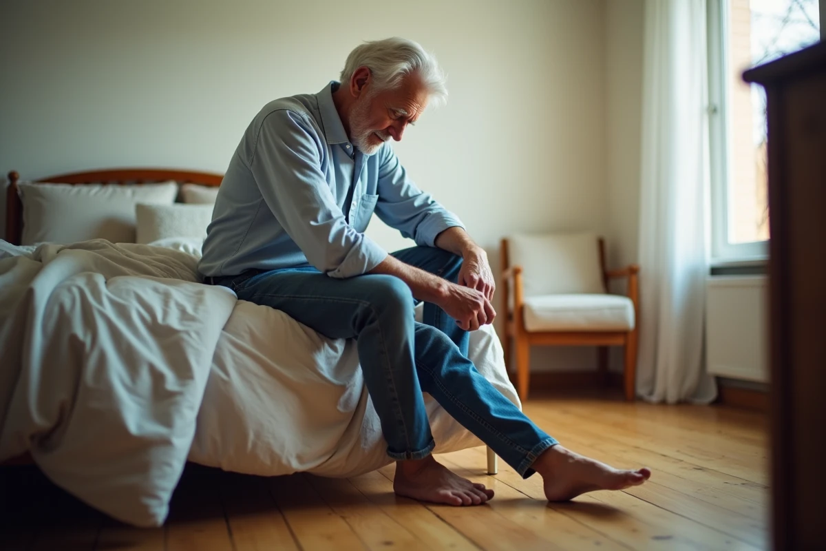 Homme plus age se soulageant le talon dans la chambre