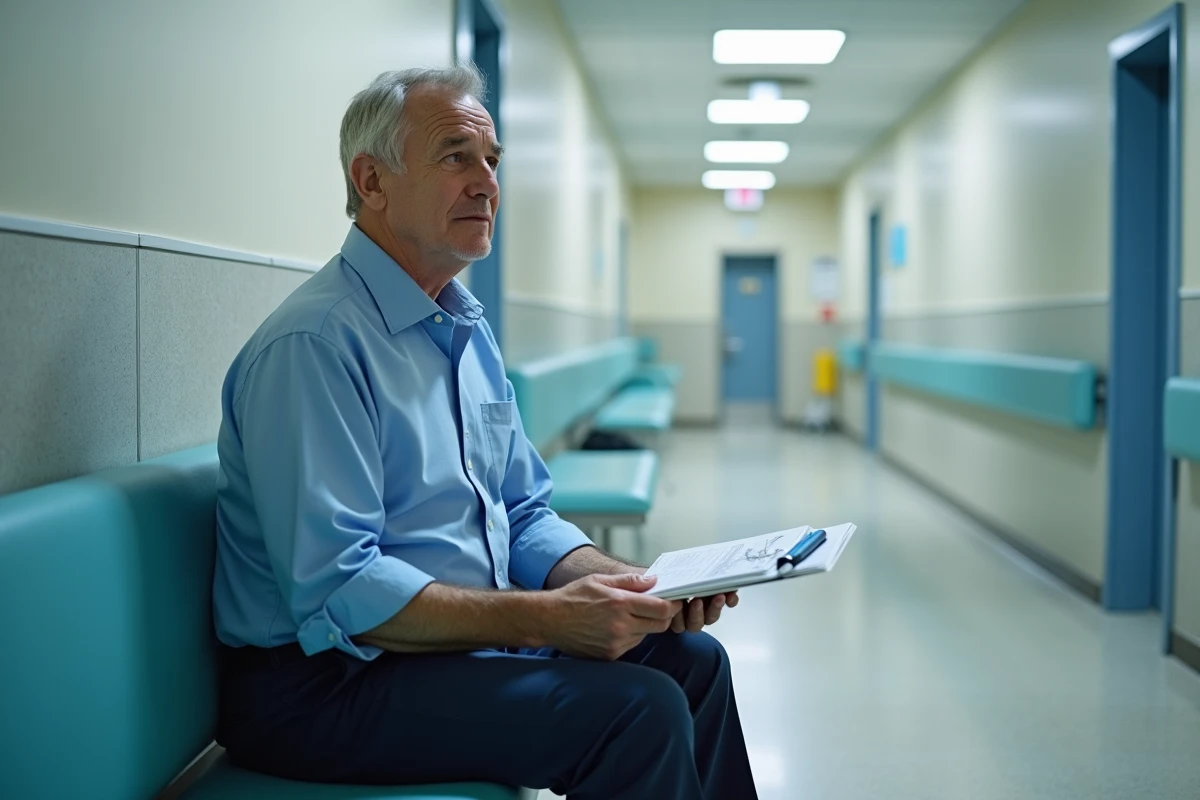 Homme âgé assis dans un couloir d