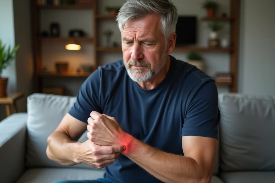 Homme examinant une irritation cutanée sur son poignet à domicile, symptôme pouvant être associé à certains cancers