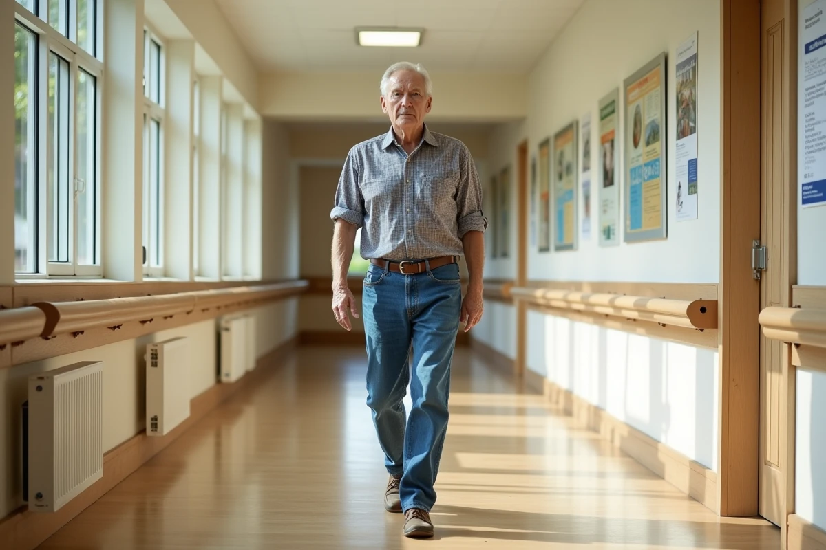 Homme âgé marchant dans un couloir lumineux intérieur