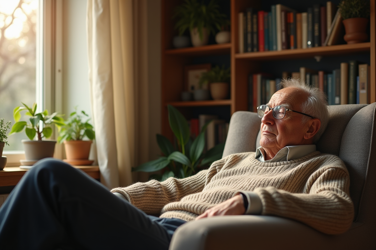 Homme âgé lisant confortablement dans un salon ensoleille